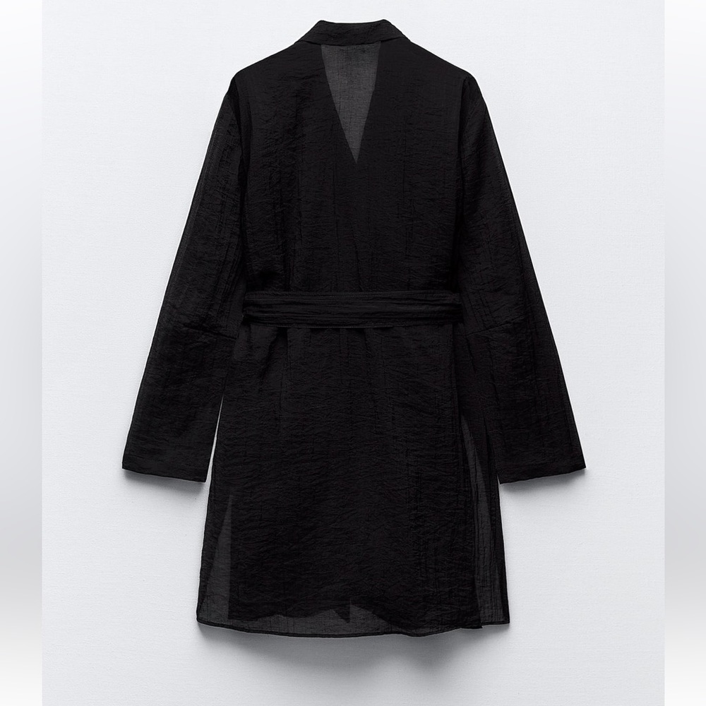 Zara Black Semi-sheer Minimalist Belted Blouse Relaxed long sleeves belt XS NWT - Picture 5 of 16